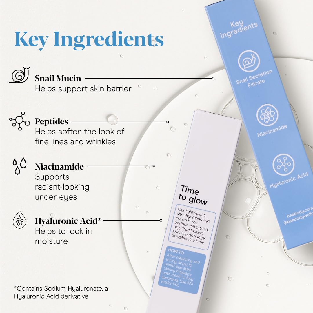 Baebody Snail Mucin Eye Cream (30 ml/1.06 fl oz) - Anti-Aging Korean Eye Cream for Dark Circles and Dry Skin - Snail Mucin Serum with Peptides and Hyaluronic Acid