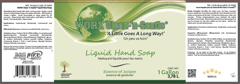Worx Clean-'n'-Gentle Liquid Hand Soap 1 gal. (3.78 L.) Soft and Supple, Rich Lather, Mild Formula, Light Juniper Berry Fragrance