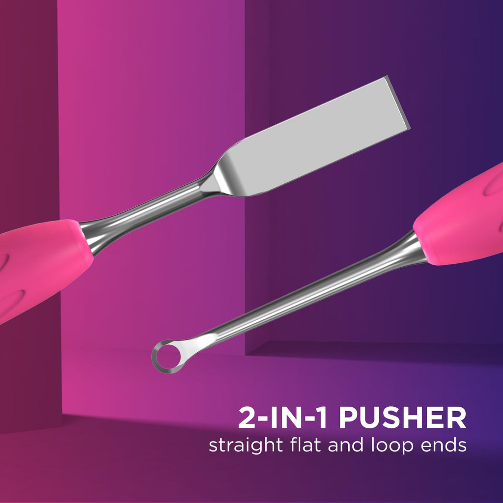 Staleks Pro Manicure Pusher Gummy UNIQ 11 Type 2 – Silicone Handle Cuticle Pusher Tool – Beveled & Loop Pusher – Stainless Steel – Ergonomic & Non-Slip Grip – Sterilizable & Durable