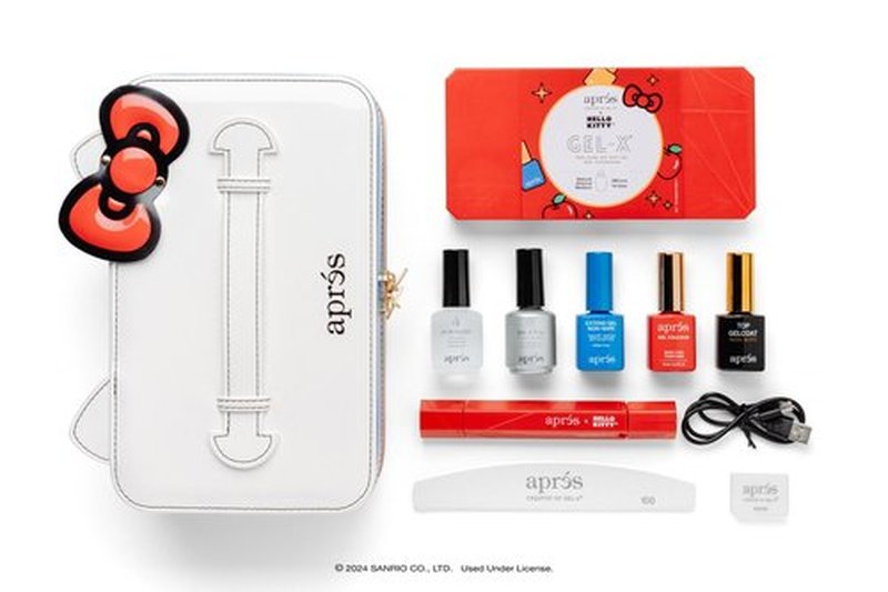 APRÉS x Hello Kitty® Gel-X Nail Extension Kit w/ Natural Almond Bow Cut Nail Tips, Extend Gel, Bonder, Gel-X Prep, Sanrio Omni Light