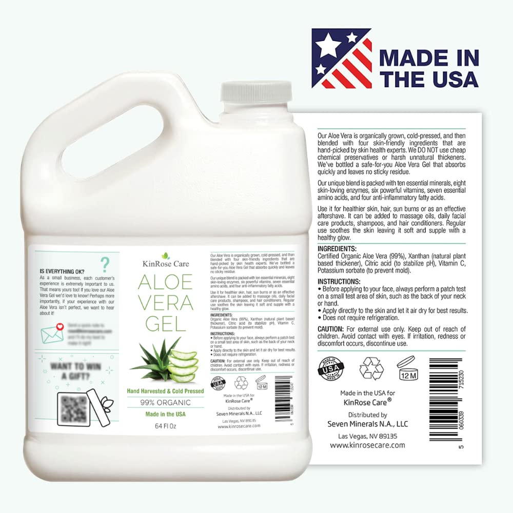 KinRose Care, 64oz Aloe Vera Gel for Face, Skin, Hair & Sunburn Relief - From Pure Organic Aloe Vera - Cold Pressed, Vegan, Unscented - Made in USA.