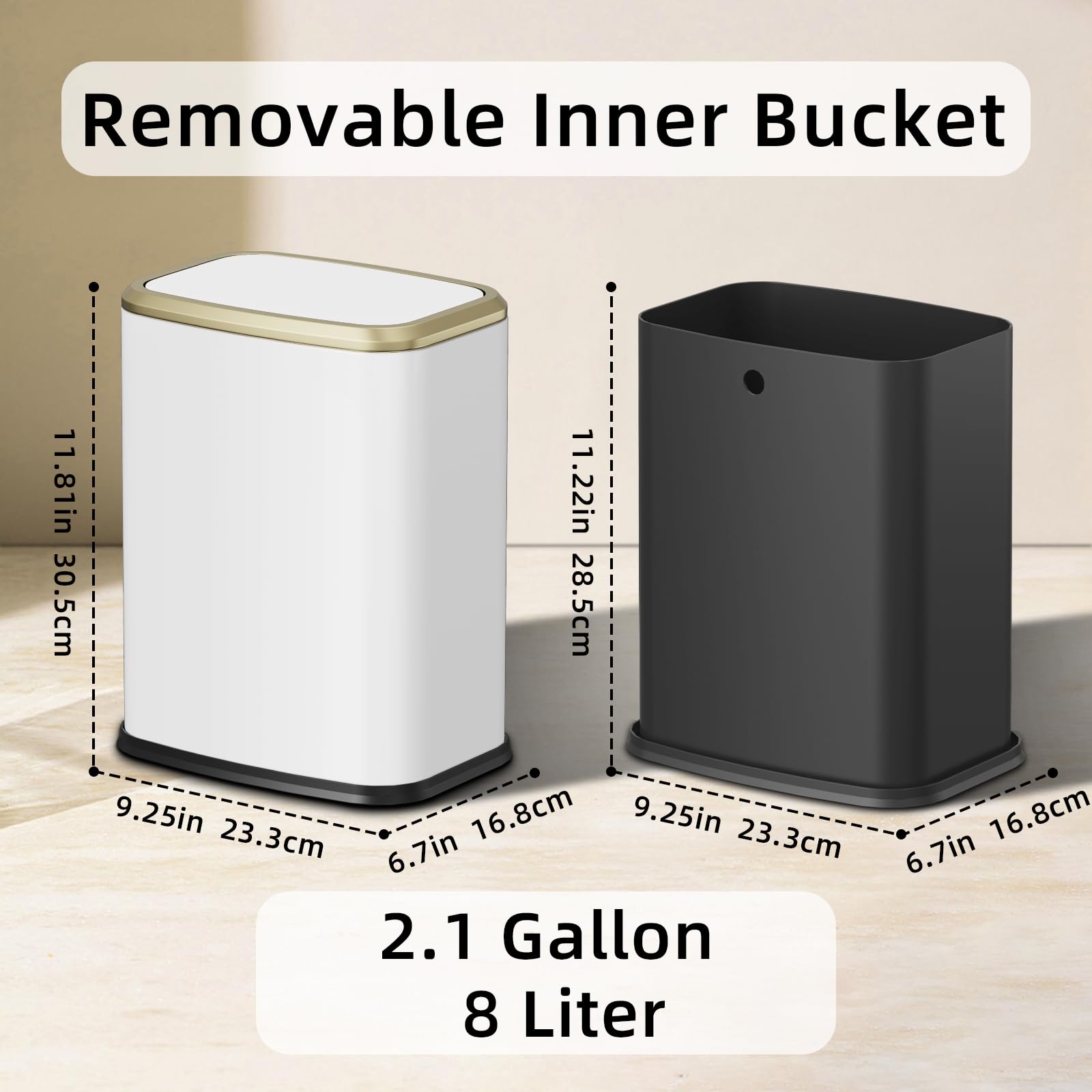 KHMMGK 8L/2.1 Gallon Small Bathroom Trash Can with Lid, Swing-Top Rectangular Waste Bin, Stainless Steel Garbage Can for Home, Office, Toilet, Bedroom, Living-Room (White)