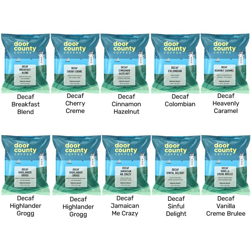 Door County Coffee Gourmet Decaf Coffee Sampler Pack | 10 Unique Flavored Bags | 100% Specialty Grade 1 Arabica | 1.5 oz Full-Pot Bags