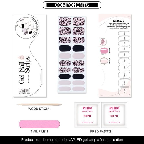 Arte Clavo Semi Cured Gel Nail Strips, 20 Pcs Gel Nail Stickers with UV Light Required, Salon Quality, Long Lasting, Easy Apply and Remove (Pink Leopard)