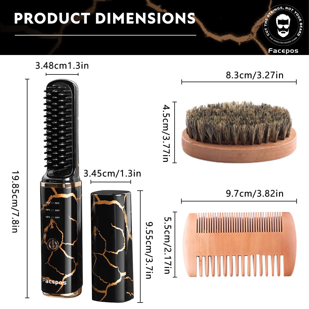 Wireless Electric Heated Beard Straightener Set-FACEPOS Elegant Crackle Pattern Design + Bonus Beard Brush & Wooden Comb for Perfect Grooming Electric Hair Curling Irons Electric Hair straightene