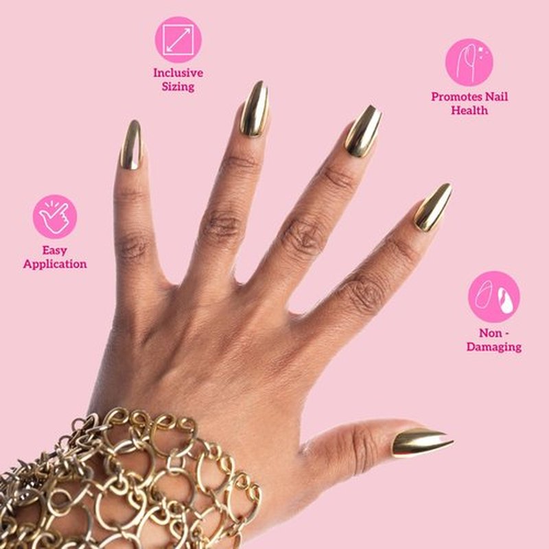 Keep It Classy Chrome Gold, Press-On Nails Kit by Monyetta Shaw || Almond Medium || Reusable, Vegan, Non-Toxic, Easy Application || One 24 Nail Kit