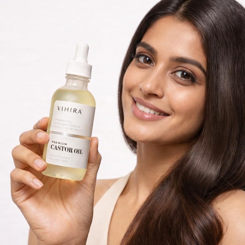 Vihira Organic Golden Castor Oil (2 Fl Oz | Premium Grade), True Cold Pressed, 100% Pure, Hexane Free, for Hair, Eyelash, Eyebrow, Cuticles, Nails, Skin, Belly Button & More.