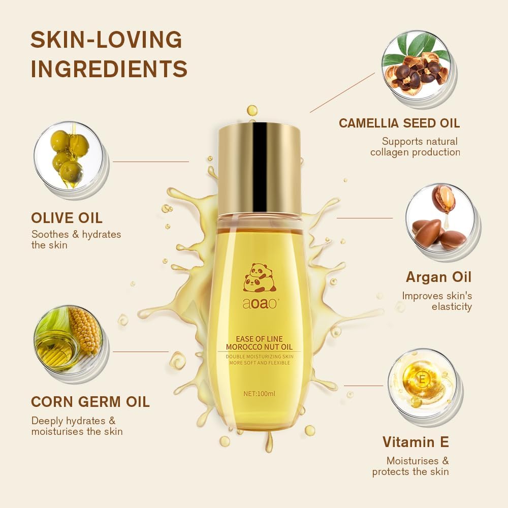 AOAO Stretch Mark Oil for Pregnancy and Body Oil for Pregnant Women, Morocco Nut Oil Help for Scars and Stretch Marks Removal and Prevention, Repair, Firming & Smoothing Fine Lines - 100ml/1pack