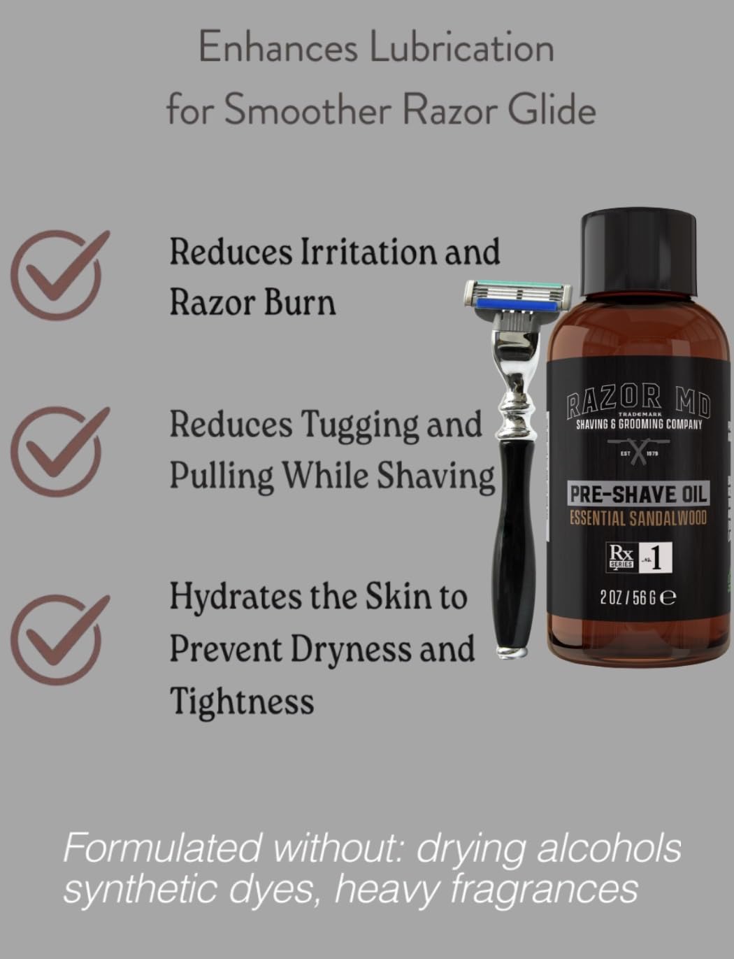 Razor MD Pre Shave Beard Oil for Men with Sensitive Skin, Every Day Shaving Tools for Men, Sandalwood Scent, 2 fl oz