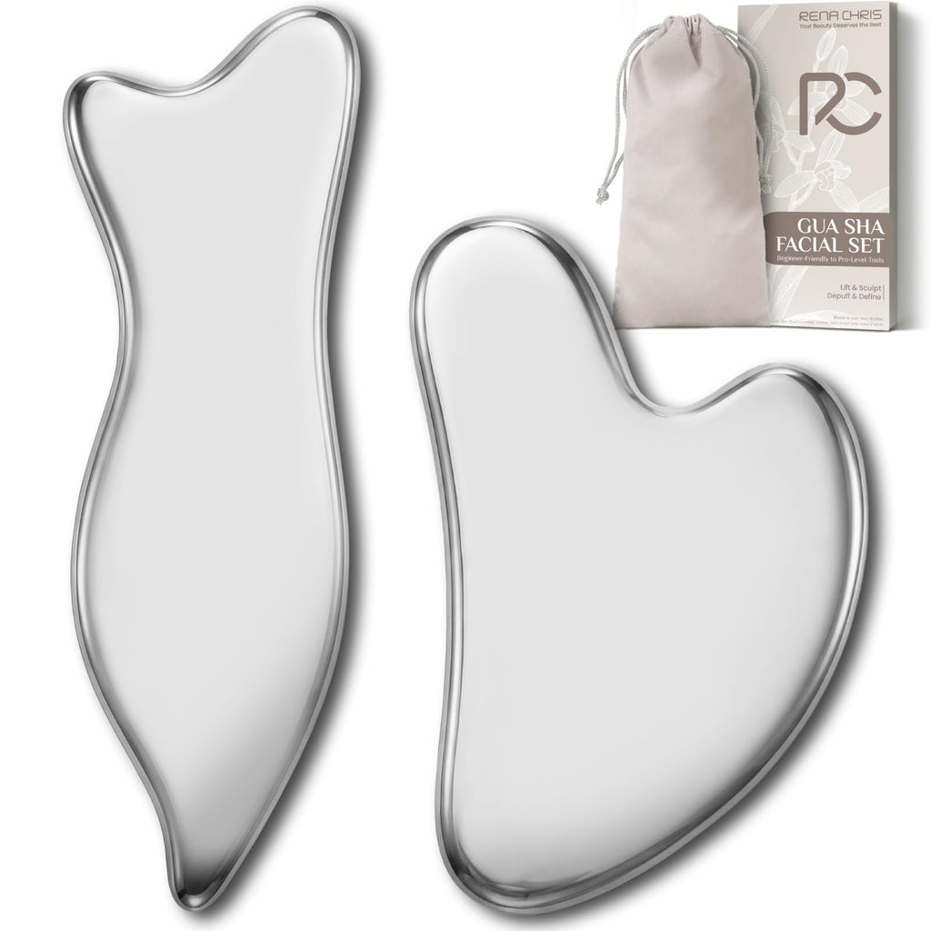 Rena Chris Stainless Steel Gua Sha Set, Guasha Tool for Face and Body Massage, Gua Sha and Acupuncture Massage Tools for Jawline Sculpting, Eye Puffiness & Muscle Relief (2 Pack)