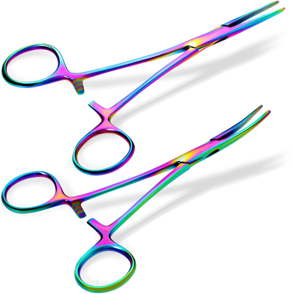 BBTO 2 Pieces Hemostat Curved and Straight Rainbow Hemostat Forceps Piercing Pliers Forceps, 7.1 Inch Stainless Steel Straight and Curved Pliers, Fishing Tweezer