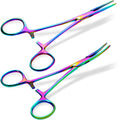 BBTO 2 Pieces Hemostat Curved and Straight Rainbow Hemostat Forceps Piercing Pliers Forceps, 7.1 Inch Stainless Steel Straight and Curved Pliers, Fishing Tweezer