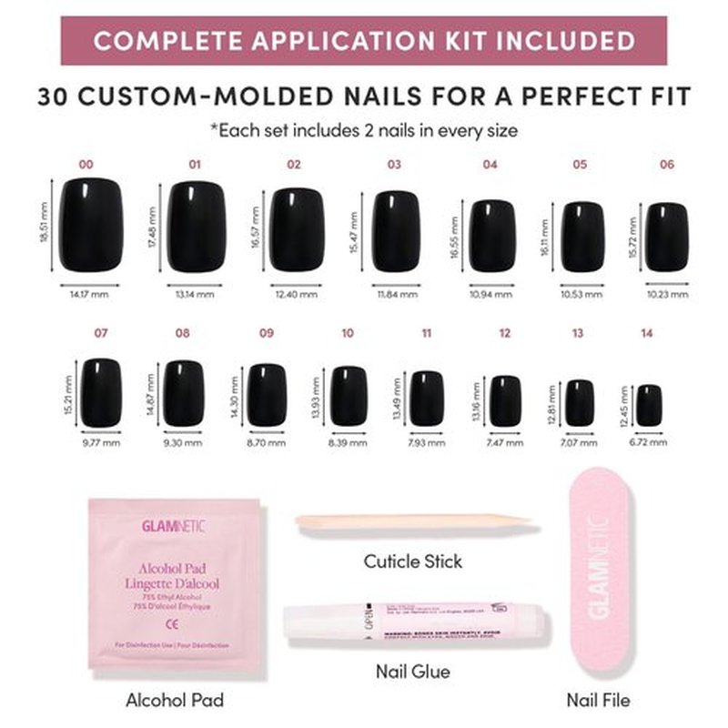 Glamnetic Press On Nails - Jet Black | Short Squoval Black Fake Nails with a Glossy Finish, Salon Quality Halloween Nails | 15 Sizes - 30 Nail Kit with Glue