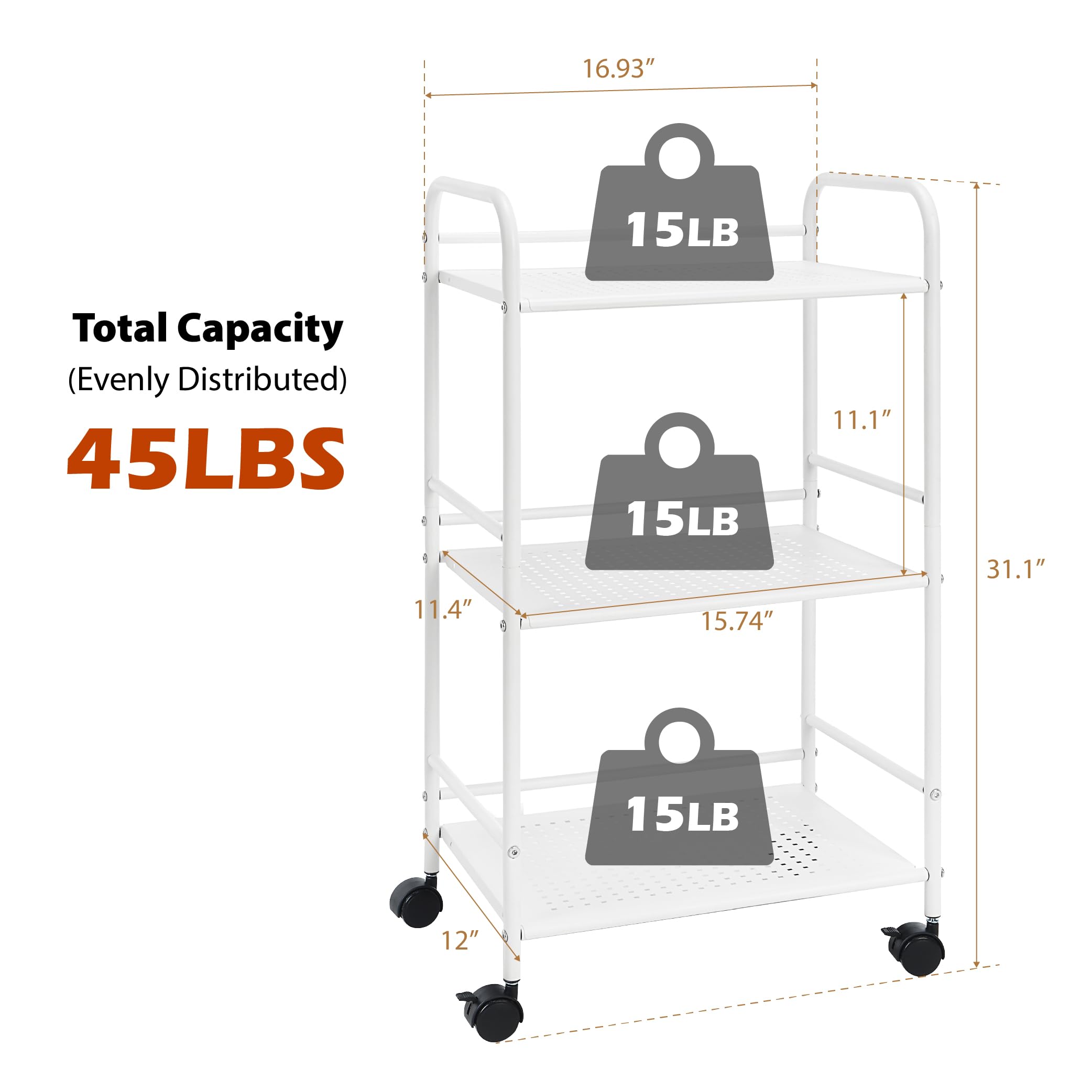 SunnyPoint 3-Tier Rolling Utility Cart – Metal Storage Organizer with Wheels, Mobile Kitchen Cart, Office & Home Organizer, White, 12" D x 16.92" W x 31.1" H