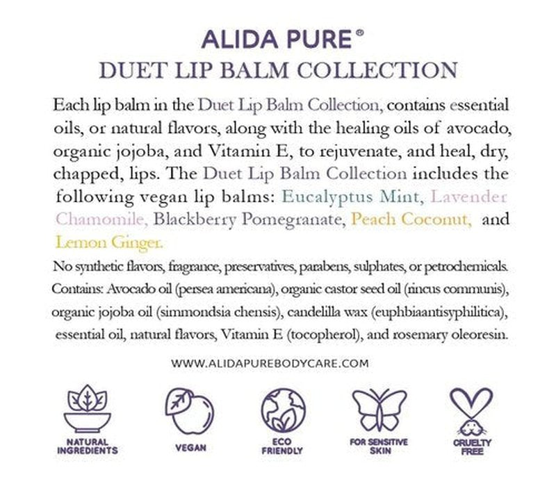 ALIDA PURE Duet Lip Balm Collection, Vegan Set, Beeswax Free, with Organic Jojoba, and Avocado Oil, Vitamin E, Natural Moisturizer for Dry, Chapped Lips, 5 Tube Set