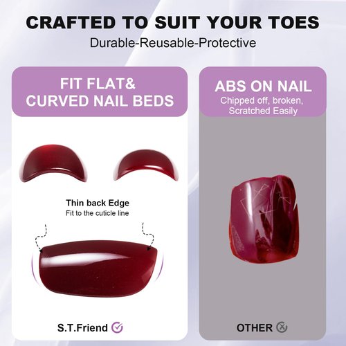 Press On Toenails - S.T. Friends Square Toe Nail Press Ons Bright Red Fake Toe Nails with Cateye Finish | 16 Sizes - 32 Toe Nail Kit with Glue