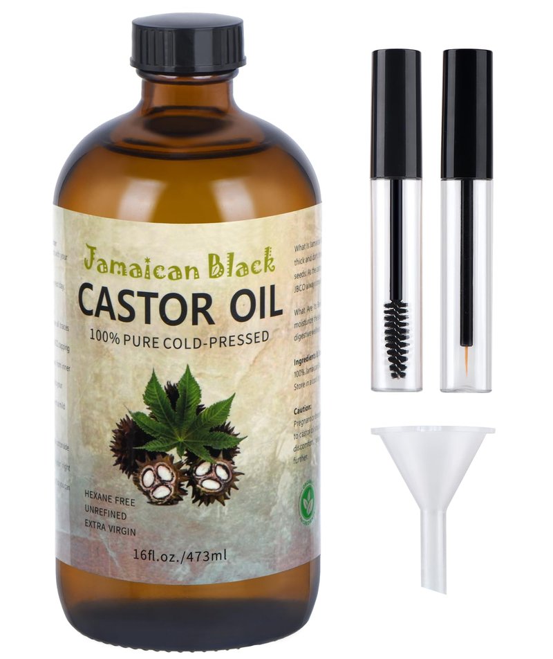 VRJEUGO Jamaican Black Castor Oil, Organic Castor Oil Cold Pressed Unrefined Glass Bottle,Rich in Vitamin E, Omega Fatty Acids and Minerals for Hair & Skin, Bold Lashes & Brows, Nail Care 16OZ