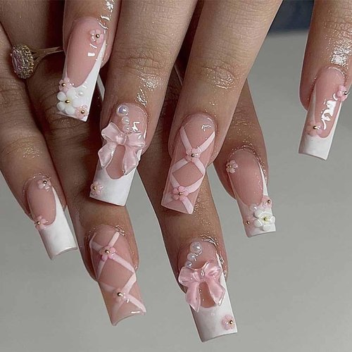 Foccna Press on Nails Medium Long Rhinestone Pink Fake Nails Square Bling Glossy 3D False Nail Tips Artificial Nails Finger Manicure for Women and Girls-24pcs