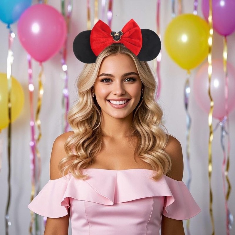 XINGKANG Women's Mouse Ears Headband Black Velvet Red Bow Cute Hair Accessory for Party Costume Cosplay Birthday Gift