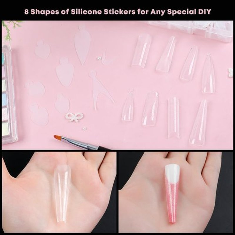 384pcs Dual Forms Kit for French Nails, 8 Styles 12 Sizes Scale for 192PCS Silicone Reusable Pads Stickers and 192PCS Forms, Molds for Poly Gel Extension
