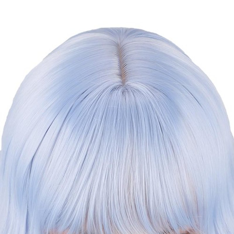 Greenmirr Light Blue Wavy Wig with Bangs Synthetic Ice Blue Bob Wig for Women Replecement Hair 14in