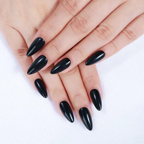 Rnker Press On Nails - Black, Almond Black Top gel Nails with Bright Finish, 15 Sizes - 30 Nail Kit with Glue