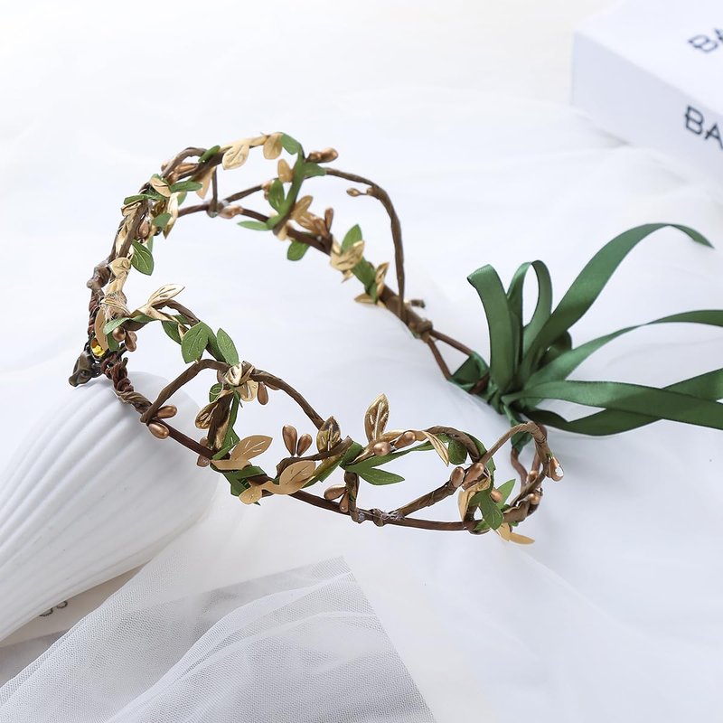 Vivivalue Golden Fairy Crown Flower Headband Floral Hair Wreath Even Headpiece Woodland Forest Circlet for Women Halloween Renaissance Wedding Bridal Cosplay Prom Photo Props