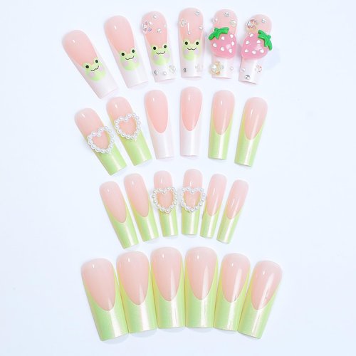 24Pcs Long Press on Nails Square Fake Nails French False Nails with Cute Frog & 3D Strawberry Designs Pearl Press on Nails Full Cover Stick on Nails for Women and Girls Reusable Acrylic Nails