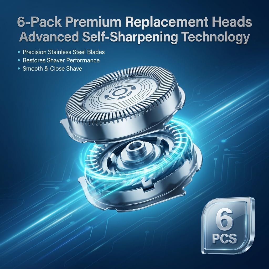 6PCS SH30 Replacement Heads Compatible with Philips Norelco Series 3000/2000/1000, New Upgraded SH30 Replacement Double Blades with 2 Brushes for Men