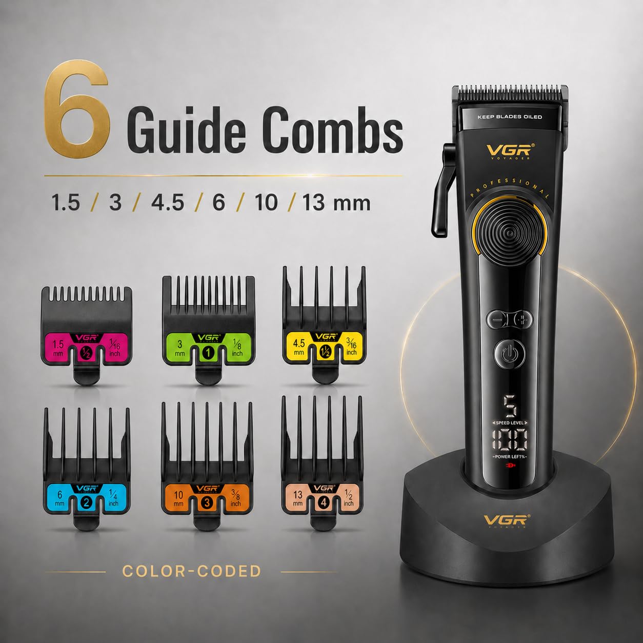 VGR 199 Professional Cordless Hair Clippers for Men, 5-Speed Mens Hair Clippers with LED Display, Rechargeable Clipper with Charging Base & 6 Guide Combs–Home Barber Kit, Black