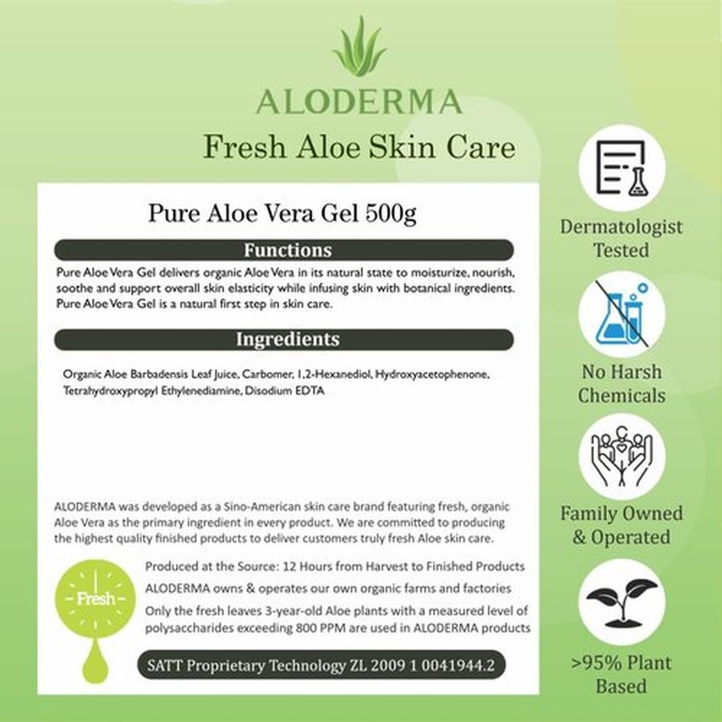Aloderma 99% Organic Pure Aloe Vera Gel Made within 12 Hours of Harvest, 17.6oz Value Pump, Lightweight Non-Sticky Aloe Vera Gel for Sunburn Relief, Natural, Soothing Aloe Vera for Face & Hair