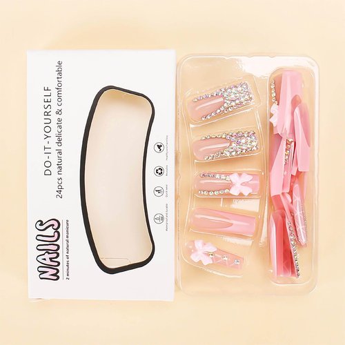 RUOKEXIN Long Square Press on Nails - French Tip False Nails Pink, Bow Rhinestone Designs, 24Pcs