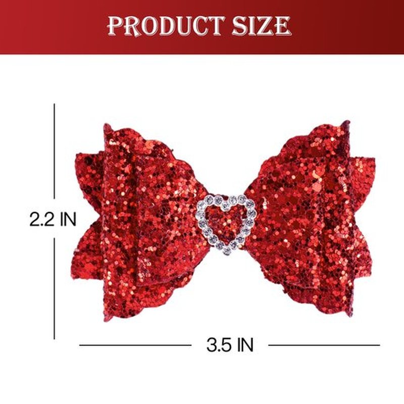 IKOLA Hair Bows for Girls Glitter Hair Clips with Rhinestones Heart Non Slip Metal Alligator Clips Hair Barrettes Sparkly Hair Accessories for Valentines Christmas Back to School - Red