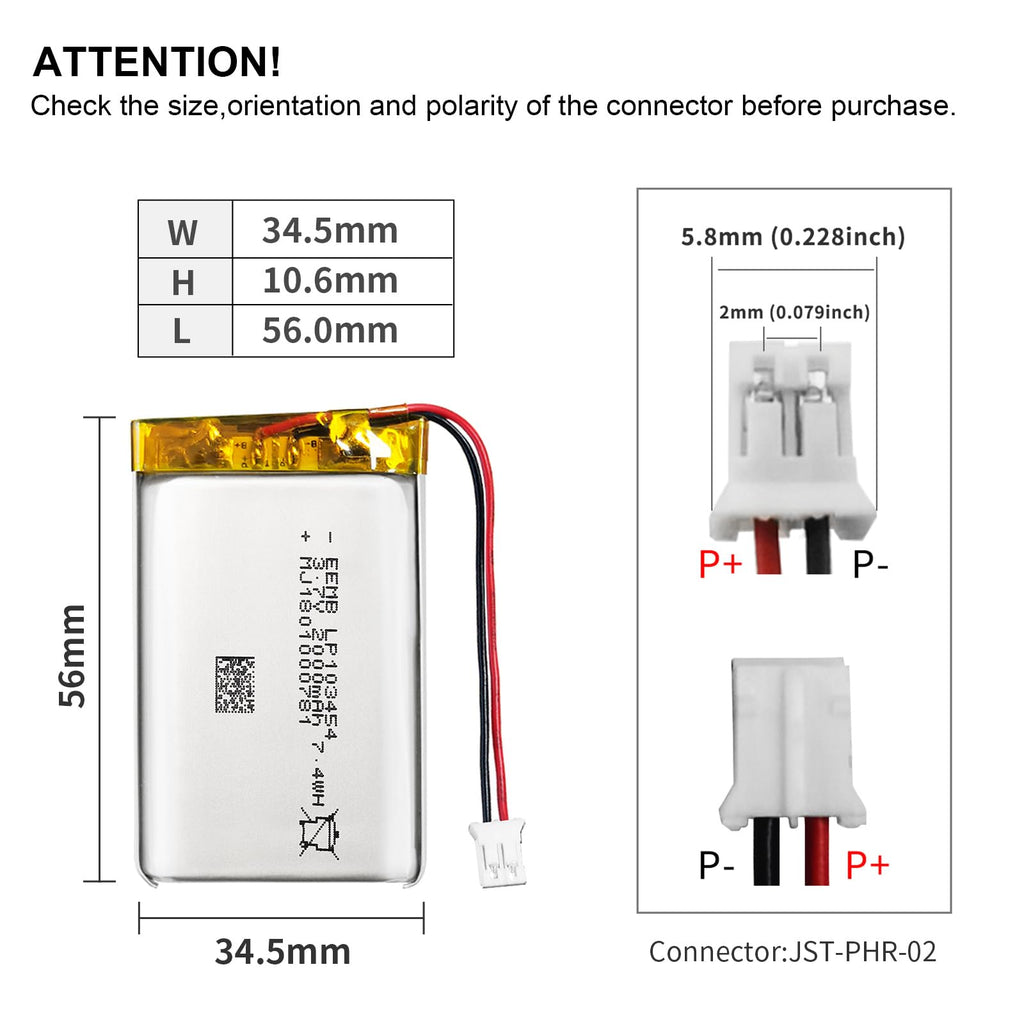 EEMB 3.7V 103454 2000mAh Lipo Battery Rechargeable JST 2.0mm 1-Pack