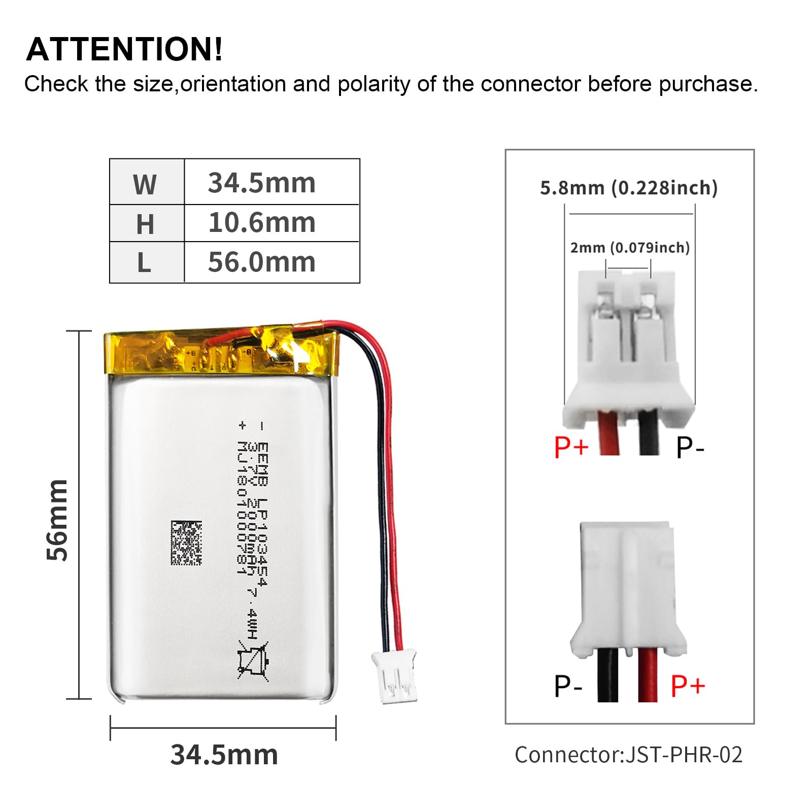 EEMB 3.7V 103454 2000mAh Lipo Battery Rechargeable JST 2.0mm 1-Pack