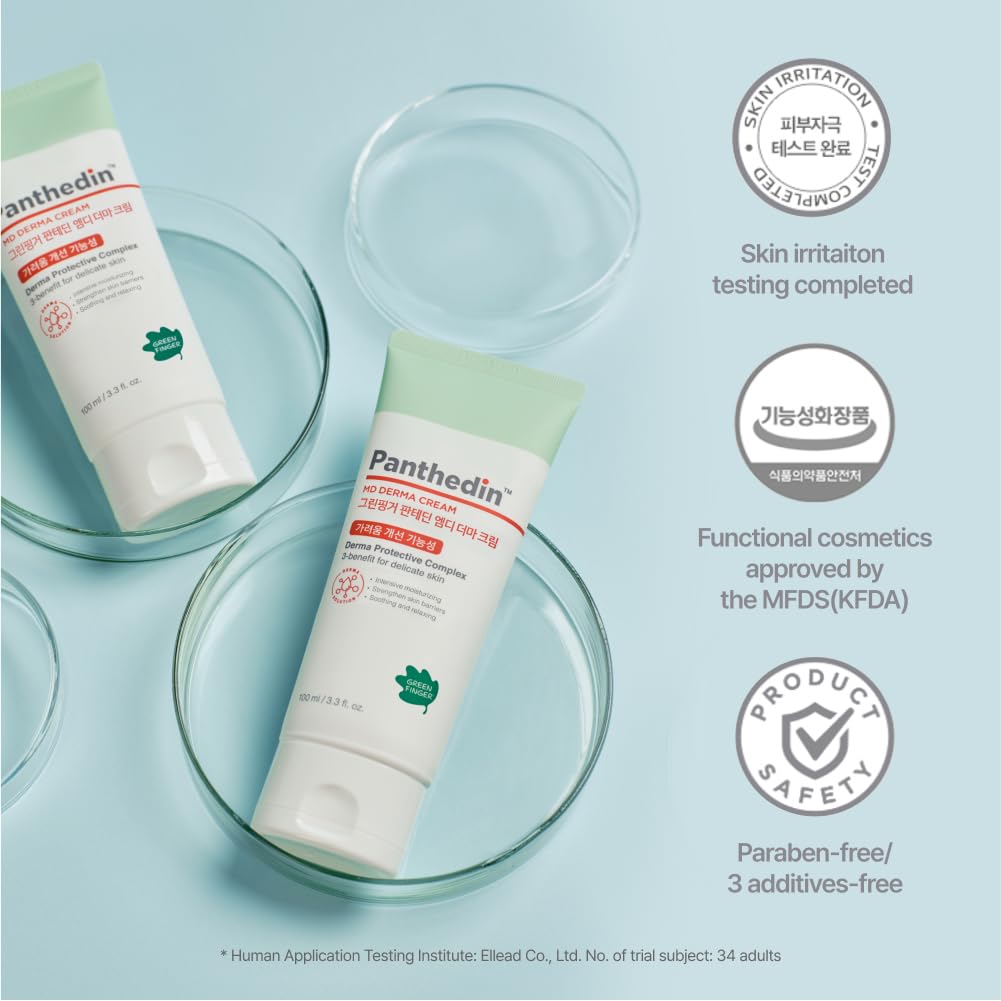 GREEN FINGER Panthedin MD Derma Cream 3.4 Fl Oz, Hyaluronic acid Ceramide Vitamin Squalane Baby Face Body Moisturizer, Skin Barrier Repair Moisturizing Cream for Sensitive Itch Skin, Korean Skincare