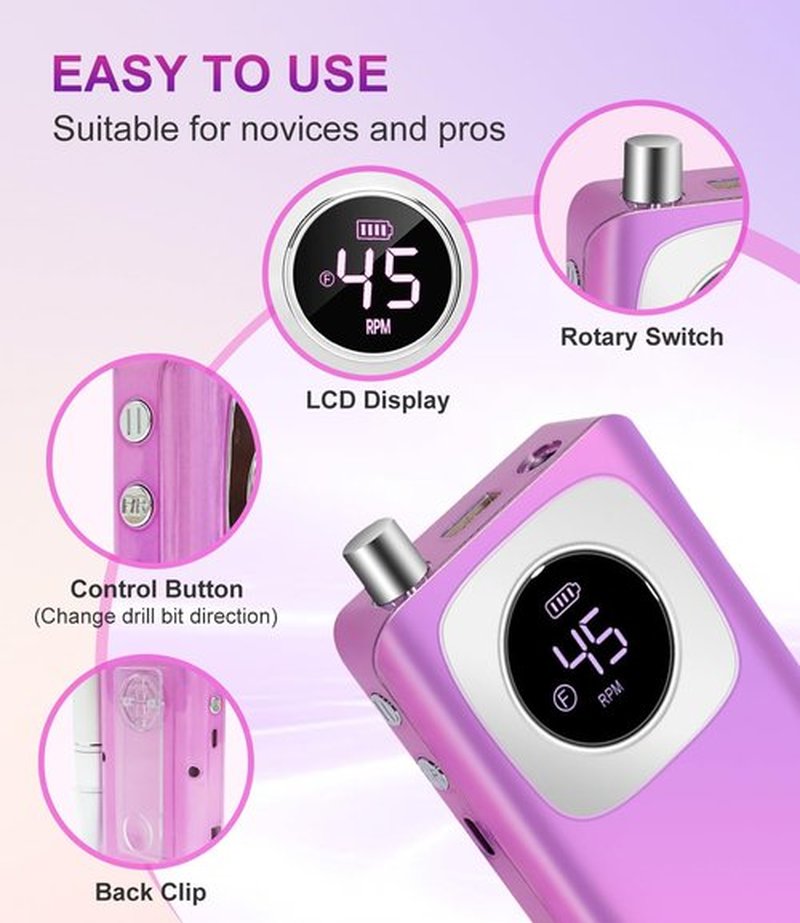 RYUNVOVO Electric Nail Drill Professional, 45000 RPM Rechargeable Nail Drill Kit, Electric Nail File for Acrylic, Manicure & Pedicure & Polishing Tools for Home Salon, Pink