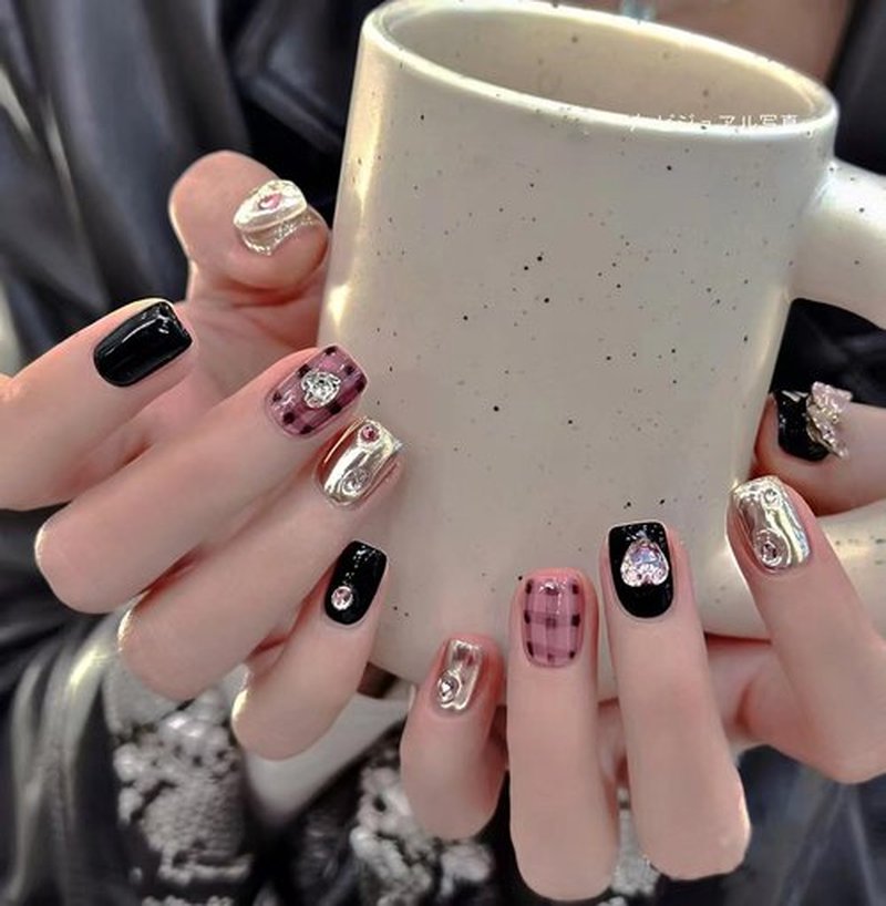 NLSJMP,10Pcs,Size S, 3D Handmade Short Square Press on Nails, Acrylic Fake Nails Kit,Rhinestone Glitter Design Nail Art Kit,Reusable False nails,Include Toolkit,Butterfly