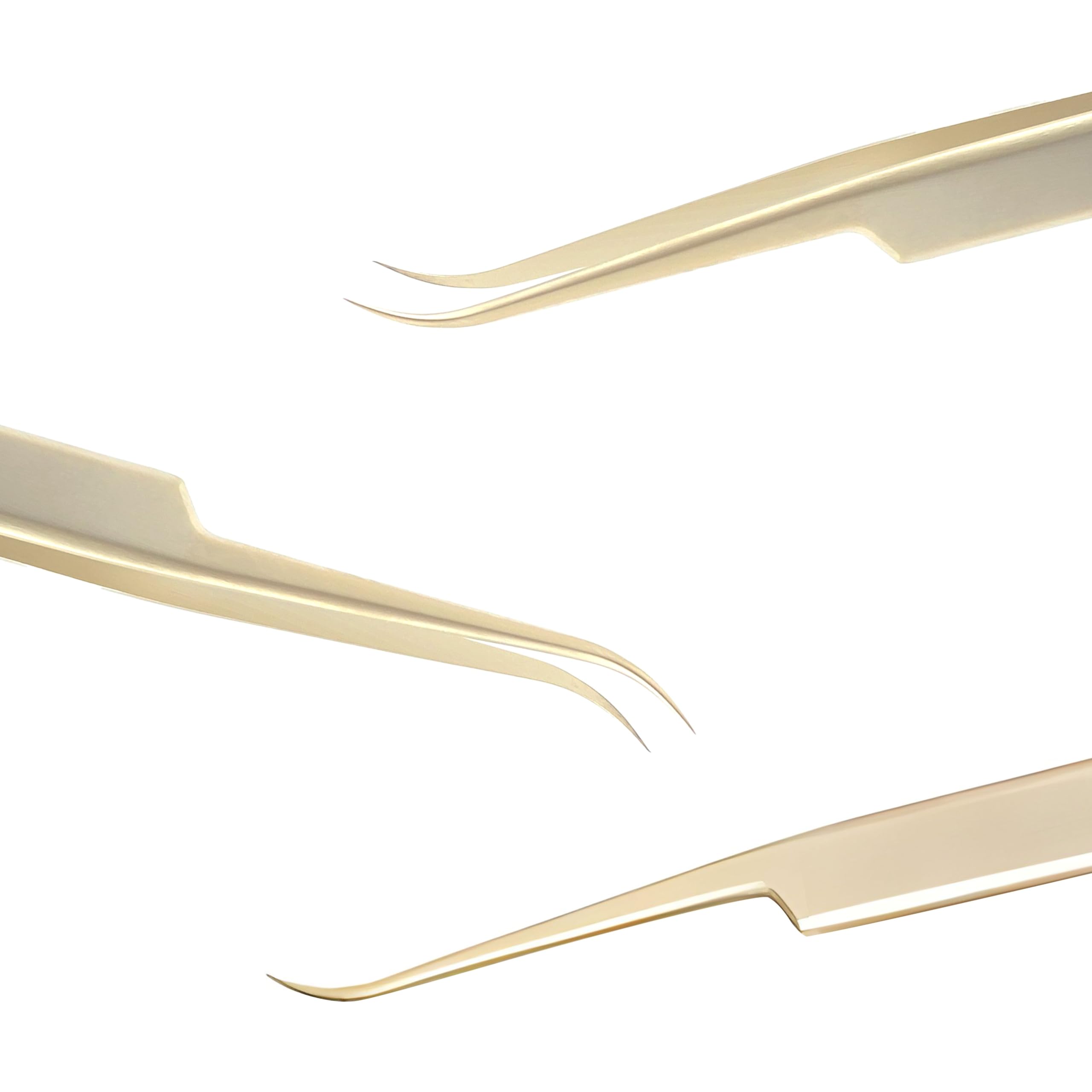 MGER Eyelash Extension Tweezers, Professional Curved Pointed Isolation Tweezers for Classic Individual Volume Mink Lash Extensions, Pointed Tweezers Stainless Lash Extensions, Gold tweezers