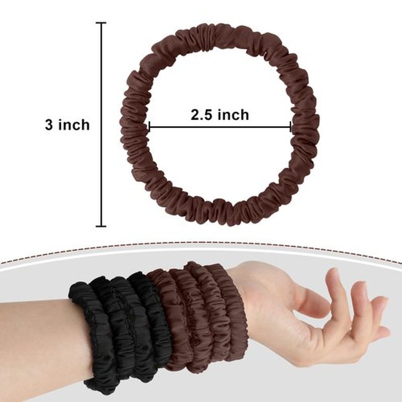 8Pcs Mulberry Silk Scrunchies Set, Silk Hair Ties Elastic for Women, Skinny Scrunchies Reduces Breakage for All Hair Types Srevela (4*Black, 4*Brown)