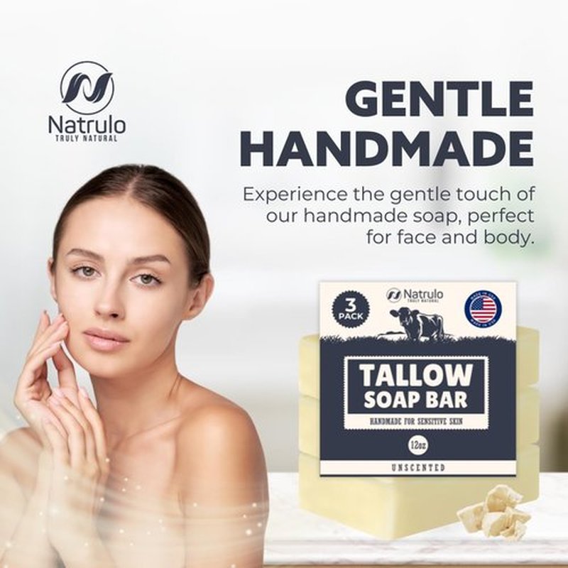 Beef Tallow Soap Bar – All Natural Grass Fed Tallow Soap Unscented – Moisturizing Face & Body Wash Great for Eczema, Dry, Itchy, Sensitive Skin – Handcrafted Bath Soap for Adults, Kids, Made in USA