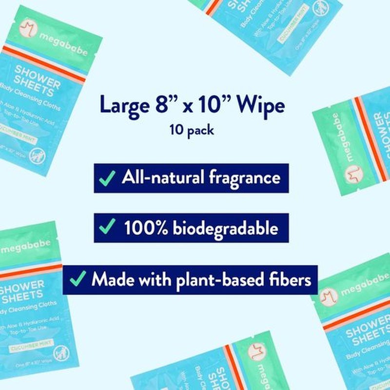 Megababe Cucumber Mint Shower Sheets | Spring Break Essential | Individually Wrapped Body Cleansing Cloths | 10 Wipes (Pack of 1)
