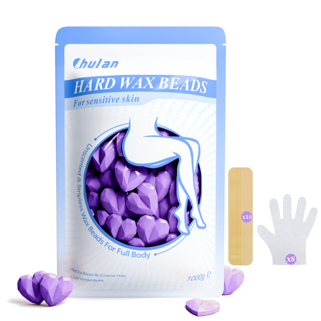 Chulan Hard Wax Beads, 2.2lb Waxing Bead for Sensitive Skin, Hypoallergenic Heart Shape Wax Bean for Coarse Hair Removal, Body, Brazilian Waxing, Bikini, Legs, Armpits, Face, Back, Lavender Purple