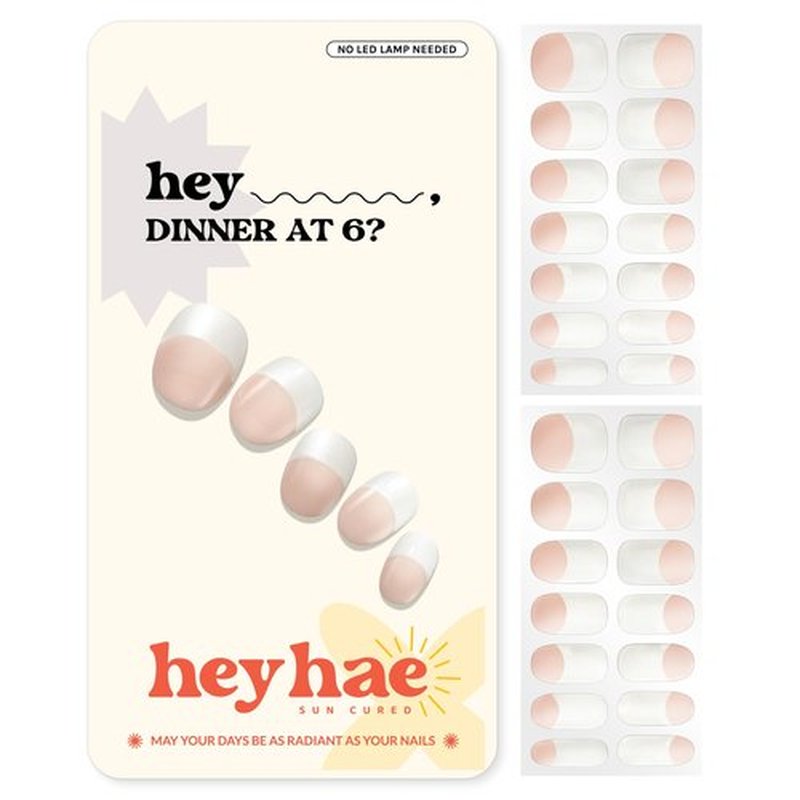 Heyhae Semi Cured Gel Nail Strips | No LED Lamp Needed | French, Pink, Spring | Easy Apply & Remove, Salon Quality | Includes 28 Strips, 1 Prep Pads, Nail File & Wooden Stick - Hey, Dinner at 6?