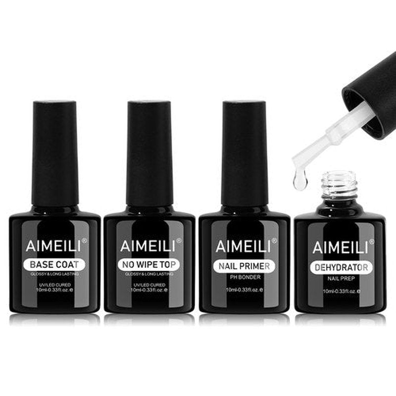 AIMEILI Nail Dehydrator and Primer with Gel Base & Top Coat Set, Hema Free, Cruelty Free, Vegan, Shine Finish and Long Lasting Gel Nail Polish Starter Kit
