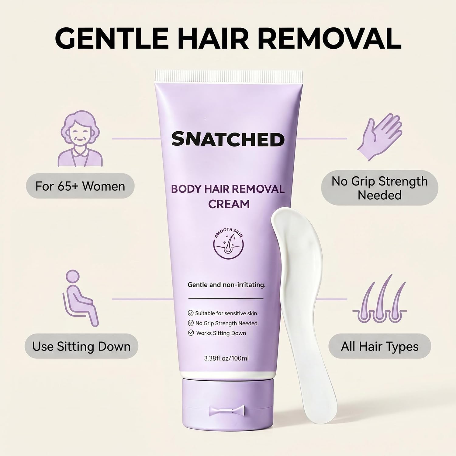 Snatched Hair Removal Cream, Body & Facial Hair Remover Cream for Woman Aged 65+ & Men, Gentle Hair Remover for Legs, Arms, Underarms, Stomach, Bikini Line (1Pc)