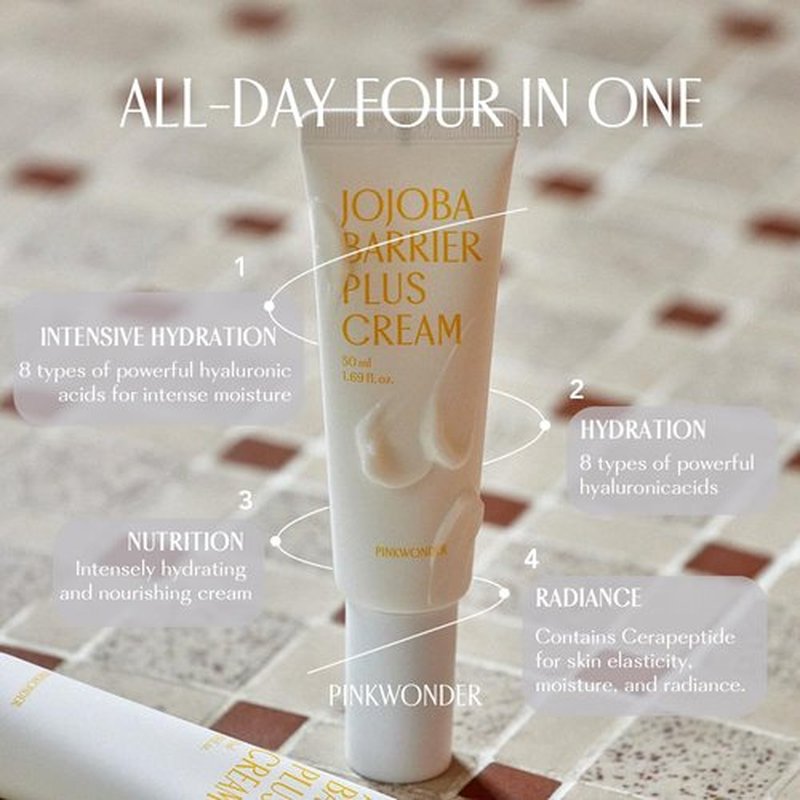 PINKWONDER Jojoba Barrier Plus Cream 1.69oz(50ml), 24HR Long Lasting facial Moisturizier Face Cream, Jojoba Oil and Hyaluronic Acid for Dry Sensitive Skin, Korean Skin Care