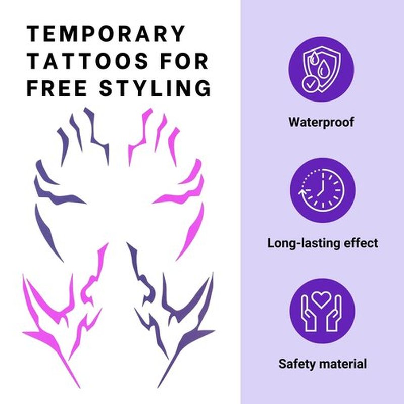Purple Temporary Tattoo Stickers – 4 PCS Purple Tattoos and 4PCS UV Fluorescent (Under Altraviolet Lamps) Temporary Tattoos Realistic Waterproof Body Art for Cosplay, Halloween, and Party Makeup