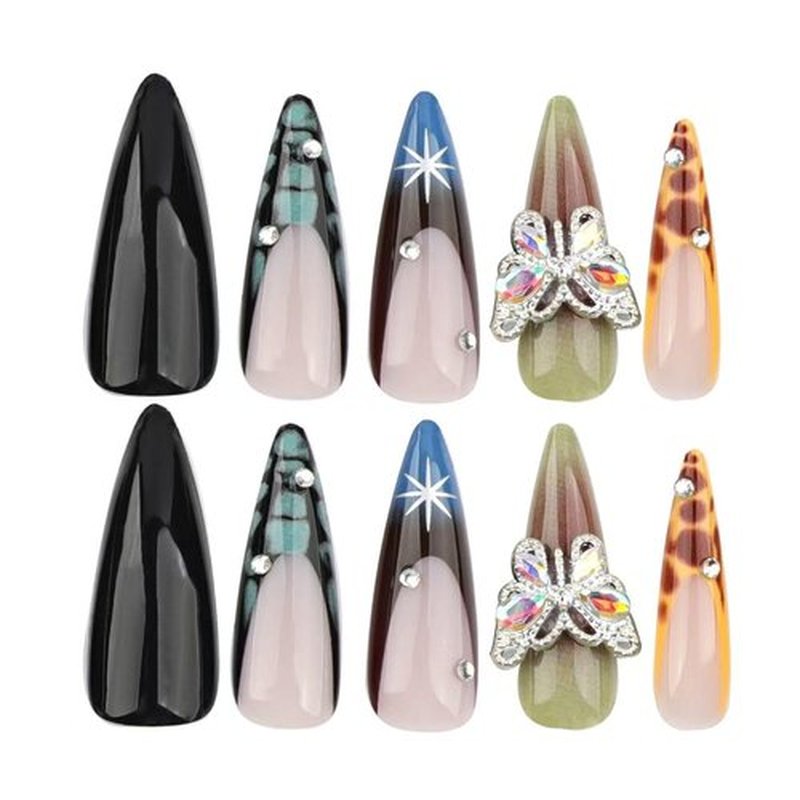 Long Press on Nails French Tip Fake Nails Stiletto False Nails Ombre with Rhinestone Butterfly Design Glue on Nails Glossy Acrylic Artificial Nail for Women 24 Pcs