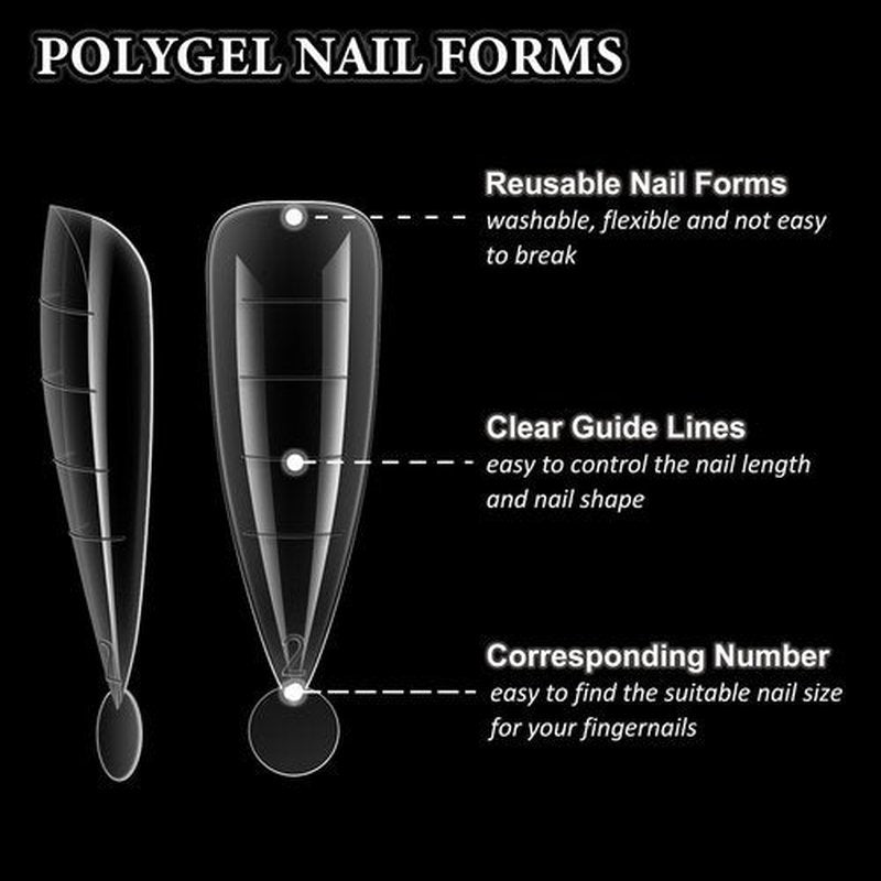 SUTOKAKA 288Pcs Polygel Nail Form Kit 12 Style 12 Sizes Reusable Nail Extension Mold Dual Forms with 6Pcs Nail Clips, Nail Slip Solution, Brush Pen, Nail File & Cuticle Pusher for Beginners
